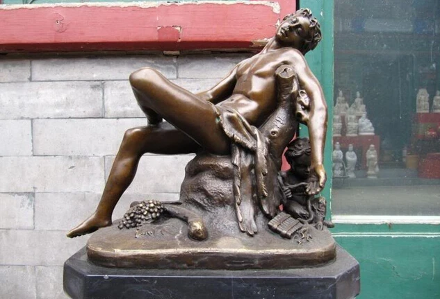 

S0562 12 Western Greece myth Pure Bronze Copper & Marble Bacchus vino God Statue D0318