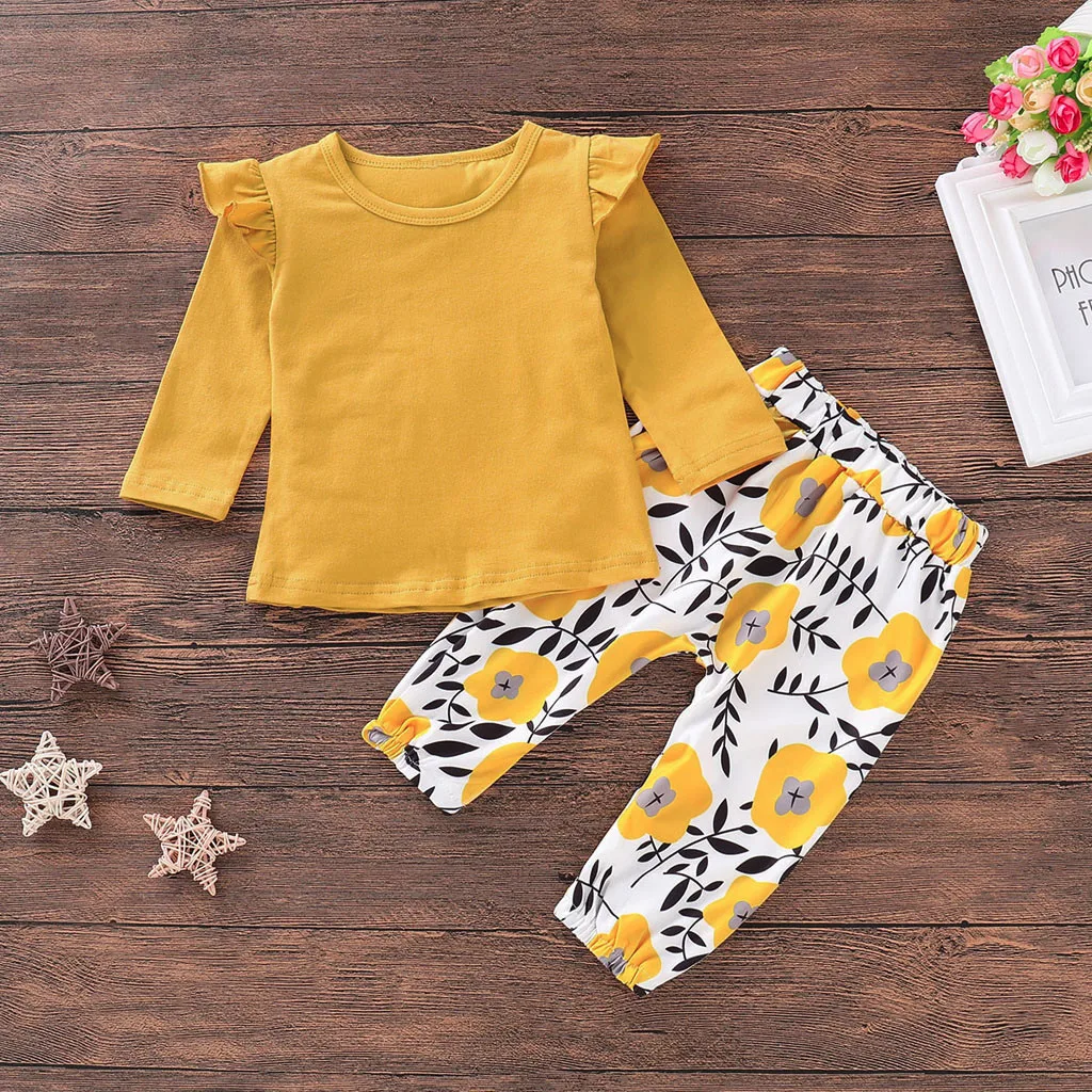 

Infant Baby Girls Clothes Sets Cotton Casual Clothing Ruffles Long Sleeve Floral Tops+ Pants Clothes Sets Outfits