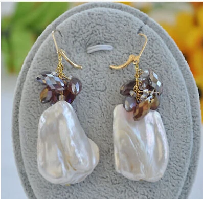 

Free Shipping>>>25MM white baroque keshi reborn PEARL crystal DANGLE EARRING