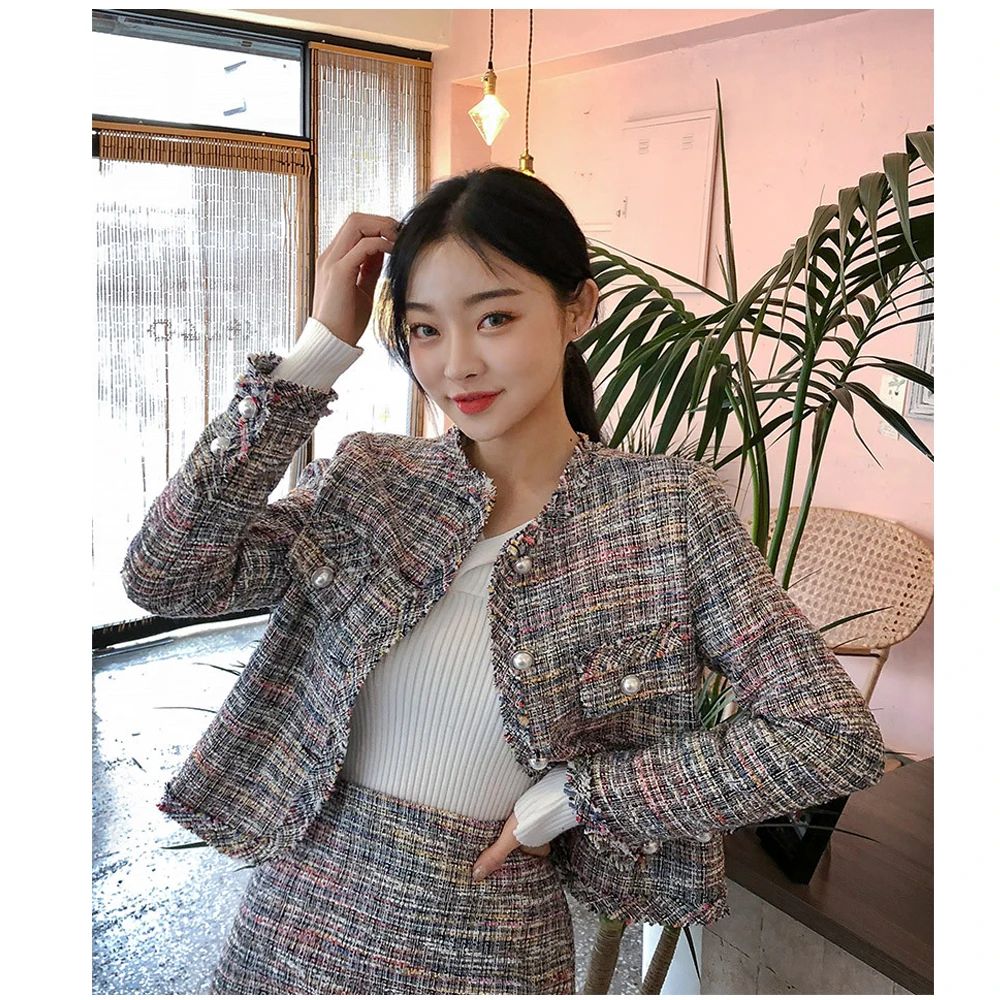 buy Women Chic Vintage Style O-neck Long Sleeves Check Plaid Single Breasted Pearl Designed Tweed Jacke