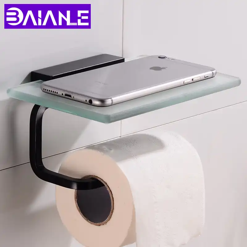 Toilet Paper Holder With Shelf Glass Aluminum Black Paper Towel