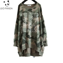 Женские Длинные Топы больших размеров, осенняя футболка с длинными рукавами и надписью камуфляжные свободные женские футболки с круглым вырезом, хлопковые футболки HF143