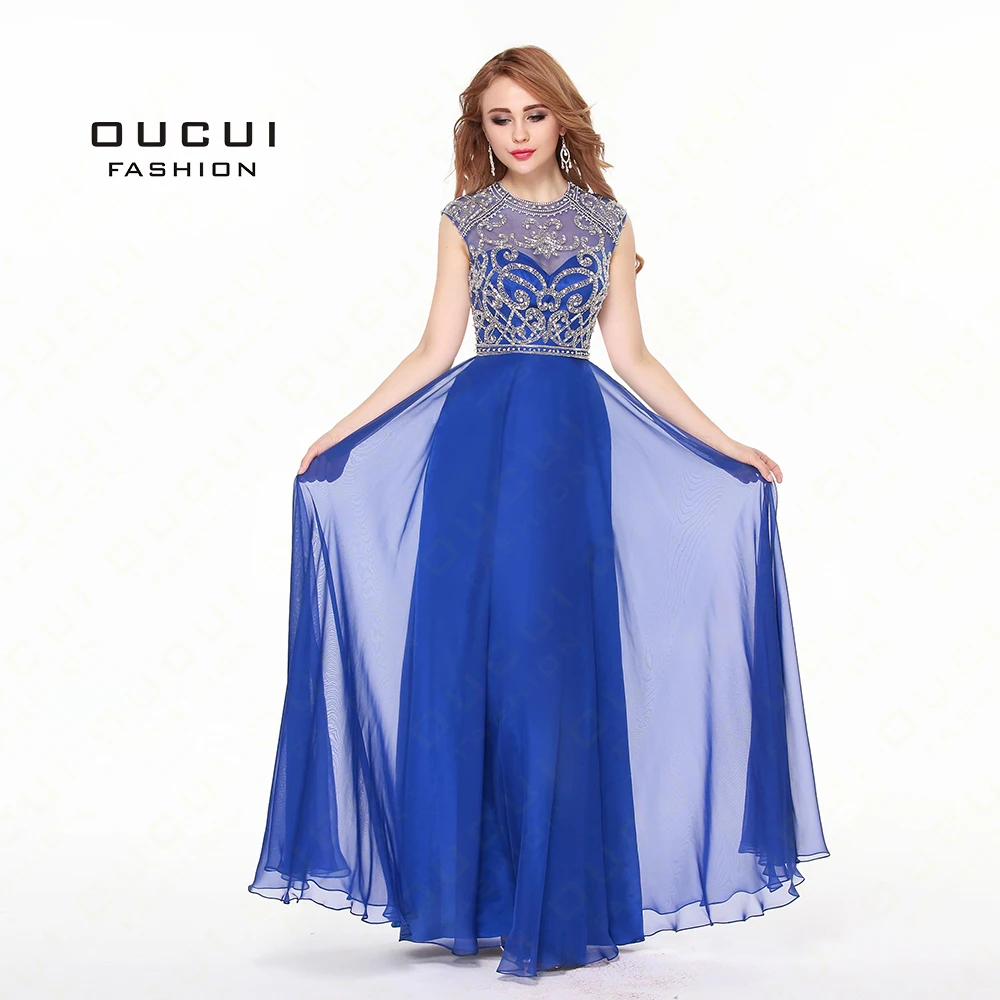 Real Photos Chiffon High End Quality A Line Blue Color See Through Elegant Long Prom Dresses