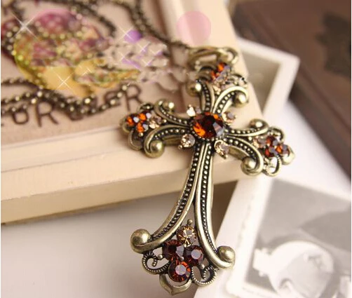 Fashion accessories all-match long necklace big cross design rhinestone chain pendant necklace female accessories