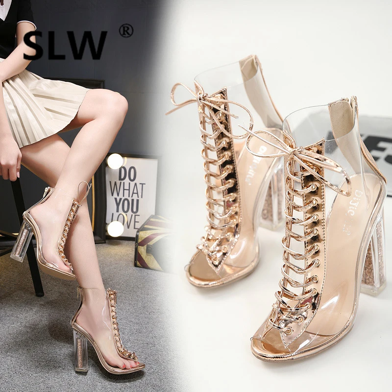 

High Heel Boots Transparent Shoes Woman Crystal Luxury Designer Lace Up Zipper Heels Femme Rhinestone Fashion Sexy Booties