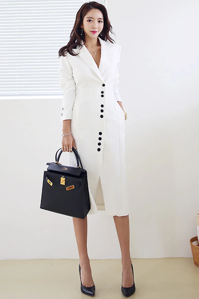 Long Blazer Dress Winter Black White Turn-down Collar Single Breasted Long Sleeve Office Lady 2018 Autumn Women Fashion Coats