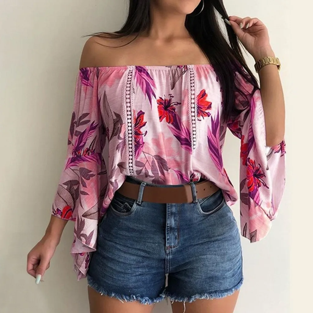 

Women Off Shoulder Blouse Casual Loose Chiffon Blouse Summer Office Ladies Bow Tie Tank Top womens tops and blouses Women blusas