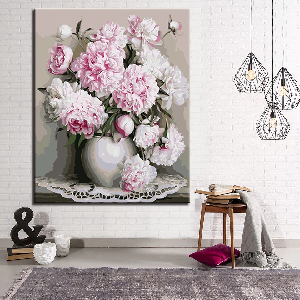 

Framed Oil Painting By Numbers DIY Digital HandPainted Artwork White Peony Flowers Pictures On Canvas Living Room Wall Art Decor