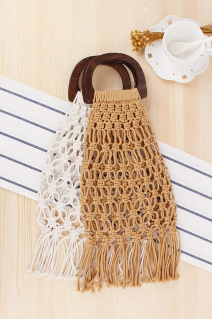 British style new wooden handle portable nets straw bag cotton rope