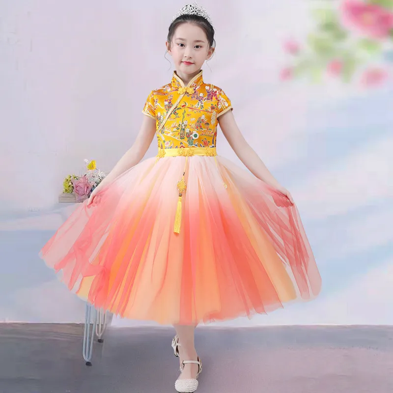 

2019 Summer Elegant Children Girls Chinese Traditional Style Model Show Performance Piano Dress Kids Teens Birthday Party Dress