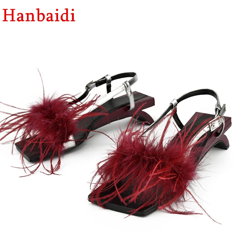 

Hanbaidi Feather Gladiator Sandals Woman Open Toe Strange Heel Shoes Women Sexy Party Shoes New Runway Style Women Steer Shoes