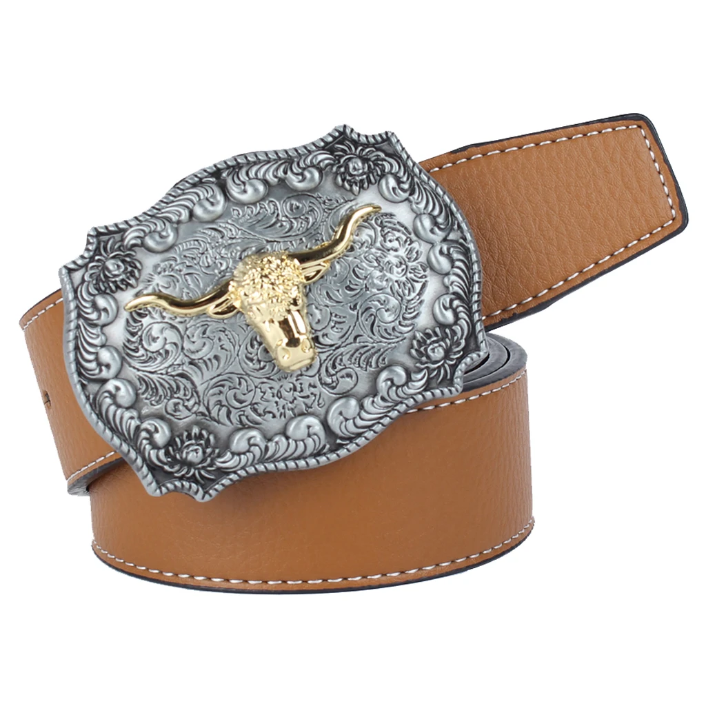 Womens Mens Vintage Western Cowboy Leather Belt Waistband Arabesque Cow Head Buckle Adjustable Leather Belt 