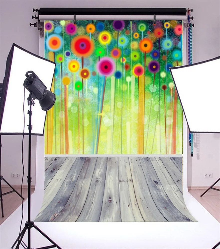 Laeacco Colorful Flowers Painting Wall Wooden Floor Photography Backgrounds Customized Photographic Backdrops For Photo Studio