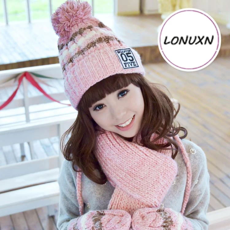Шапка + шарф + Перчатки из трех частей женского зима корейской версии прилив милые плюс бархат утолщение вязаная теплая одежда для девочек