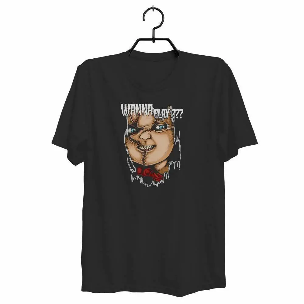 CHUCKY WANNA PLAY CHILD'S 80'S HORROR SLASHER FUNNY MOVIE T SHIRT 2018 New Short Sleeve Casual T-Shirt Top Tee Plus Size |