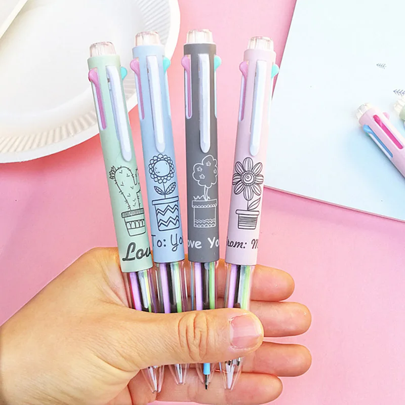 

1pc Cute Kawaii Cartoon Potting Flower Press Ballpoint Pen 5-color Ball Pen Multi-Colored Stylo for Kids School Stationery Gift