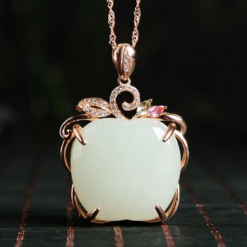 

925 silver inlaid natural white jade Apple pendant genuine and hetian jade pendant fashion women accessories Creative Gift
