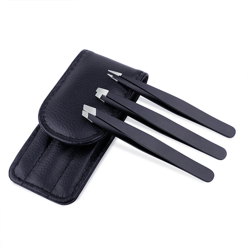 

3Pcs/set Stainless Steel Tweezer Set-Slant Tip/ Point Tip/ Flat Tip Black Eyebrow Tweezers for Hair & Splinters Beauty