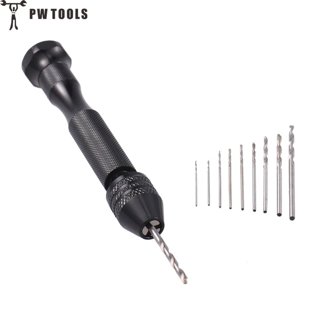 PW TOOLS Mini Manual Aluminum Hand Drill With Keyless Chuck 10Pcs Twist Micro Drill Bit