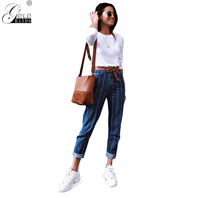 

Gold Hands New Arrival Streetwear Winter Women Striped Pants High Waist Casual Jeans Slim Female Straight Pant zipper
