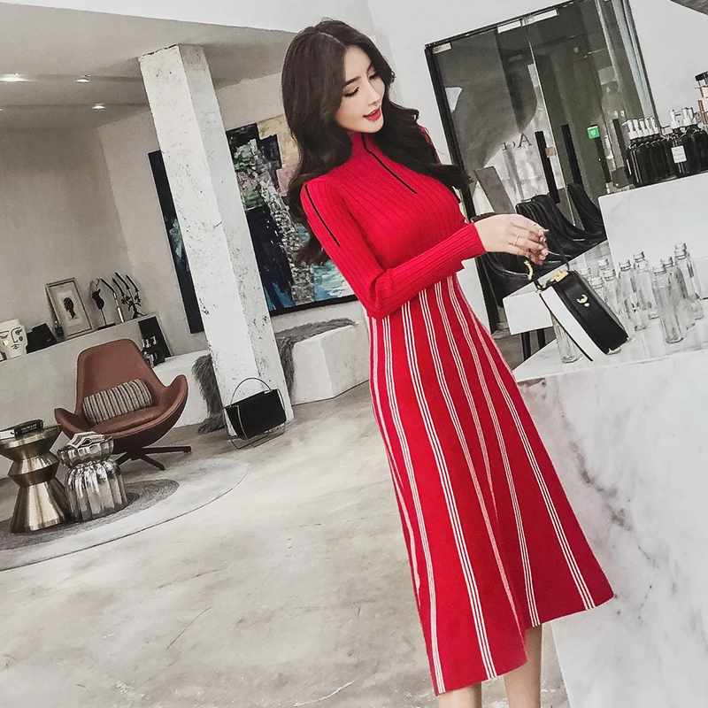 FINEWORDS Autumn Knit Long Winter Dresses Women Luxury Slim Turtleneck Knitted Sweater Dress Office Lady Korean Elegant Dress