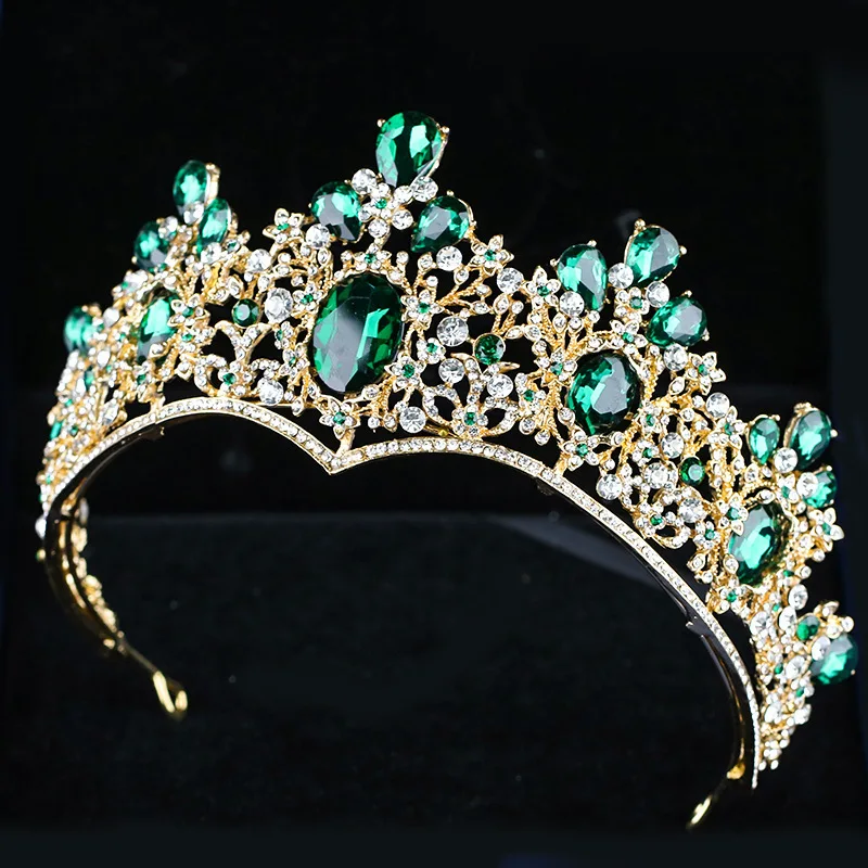 Baroque Red Blue Green Crown Crystal Bridal Tiaras Vintage Gold Hair Accessories Wedding Rhinestone Diadem Pageant Crowns