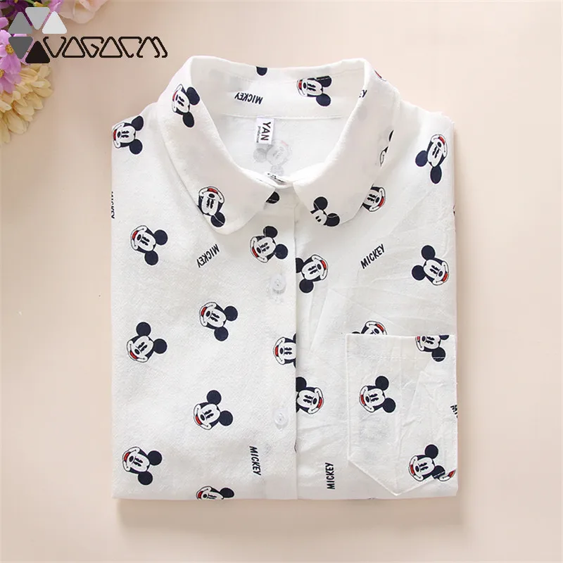 

2019 Spring Womens Tops And Blouses Long Sleeve High Quality Cotton Shirt Cartoon Print Casual Blouse Shirts Slim Mickey Shirt