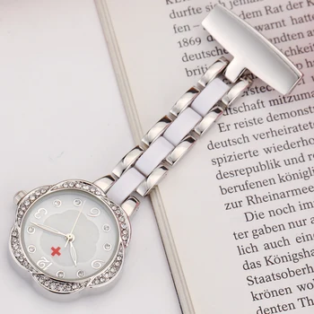 

Luxury Rose Gold Silver Nurse Watch Flower Shape Women's Nurse Pocket Watch Full Steel Red Cross Brooch Hanging Quartz Watches