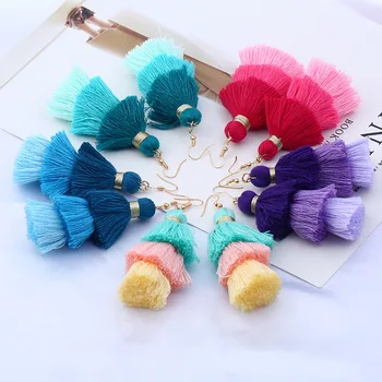 

2020 Summer Bohemian Ethnic 9 Color Cotton Tassel Long Earrings For Women 3 Layer Fringe Earrings Hyperbole Party Dangle Earring