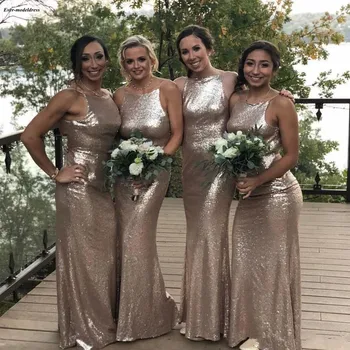 

Sequined Sheath Bridesmaid Dresses O Neck Sleeveless Spaghetti Straps Floor Length Modern Formal Maid Of Honor Custom Made