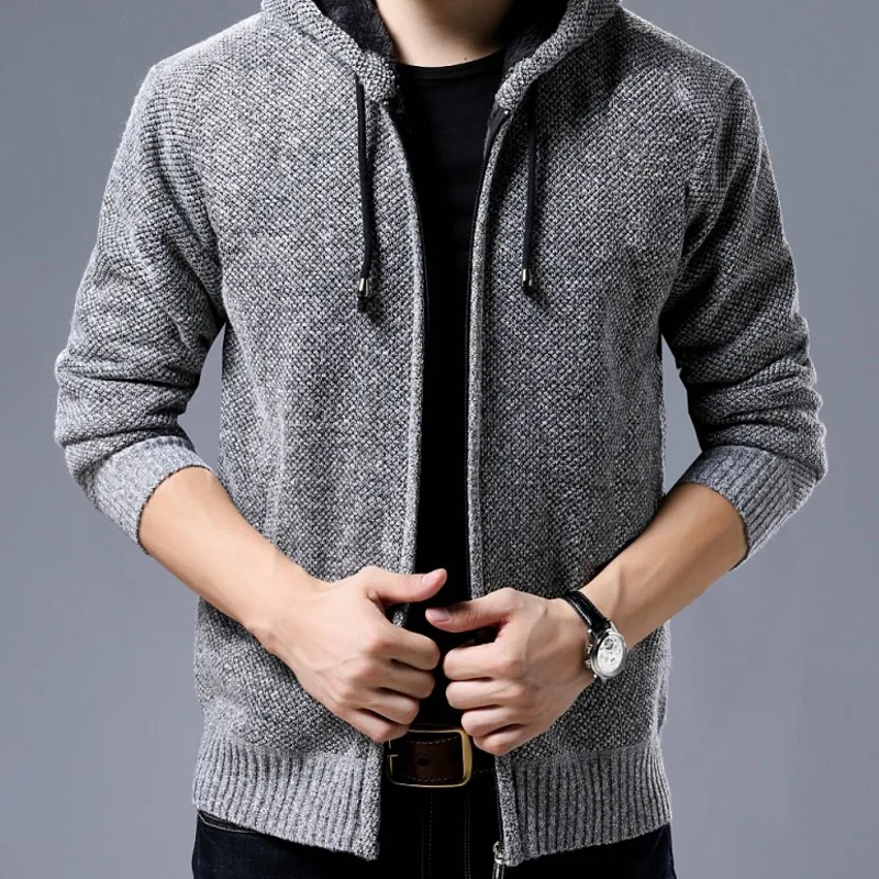 Зимние корейские стильные новые модные мужские повседневные пальто на молнии с длинным рукавом и меховой подкладкой мужской свитер приталенная теплая верхняя одежда больших размеров