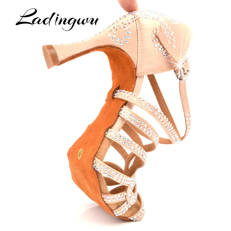 Ladingwu New Arrival Latin Dance Shoes Double Rhinestone Shining Skin Black Satin Women Ballroom Dancing Shoes Cuba Heel 9cm