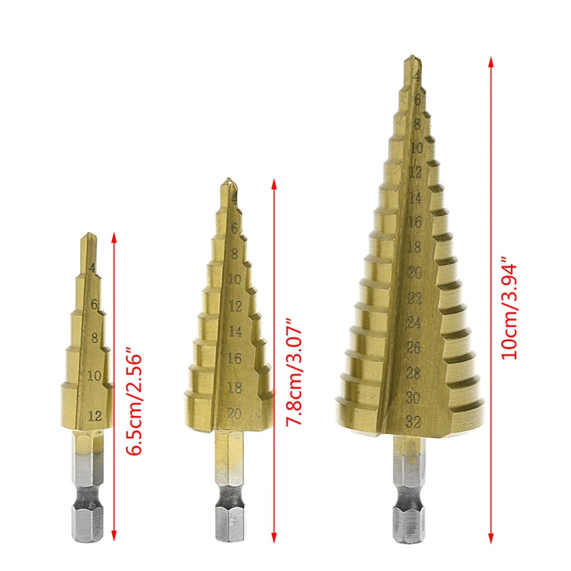 3 Pcs 4-12/20/32mm Hss Hex Shank Step Cone Drill Bit Set Hole Cutter Titanium New