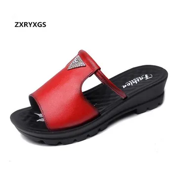 

2020 New Summer Rhinestone Genuine Leather Slipper Women Sandals Summer Wear Thick Bottom Wedges Slipper Comfort Fashion Sandals