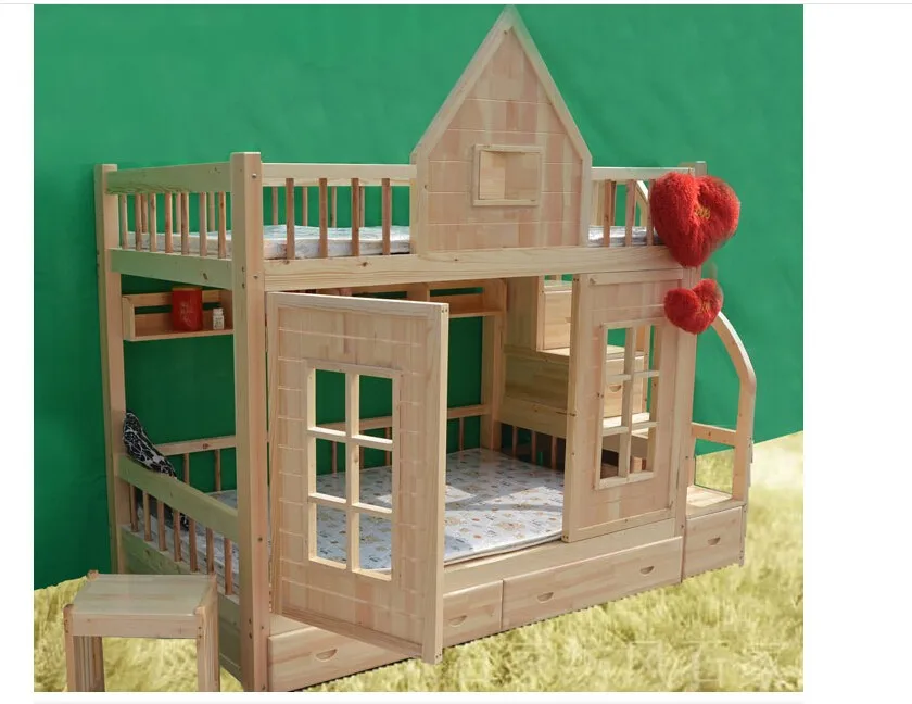 Children Bunk Bed Wooden 2 Floor Ladder Ark With Slide Bed Pink