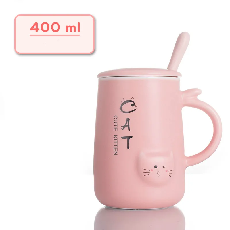 Милый Кот 400 мл керамическая кофейная кружка с крышкой, молочные кружки для завтрака, чашка для домашнего офиса, кофейные чашки для чая - Цвет: Розовый