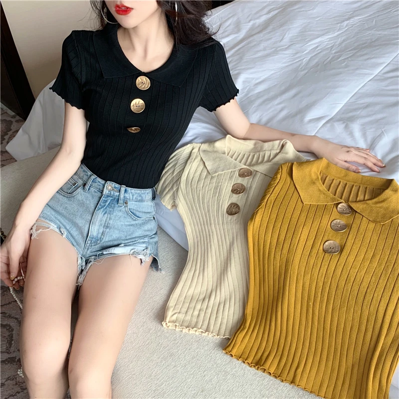 

Girls Slim Solid Stretchy Short Sleeve Buttons T-shirts Female Knitted Chic Tees Tshirt Tops For Woman