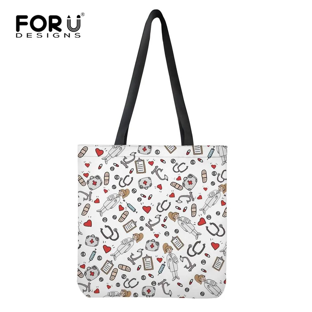 

FORUDESIGNS New Fashion Women Eco-Friendly Shopper Linen Tote Bag Cartoon Nurse Pattern Canvas Bag Teen Girl Book Bag bolsa tela