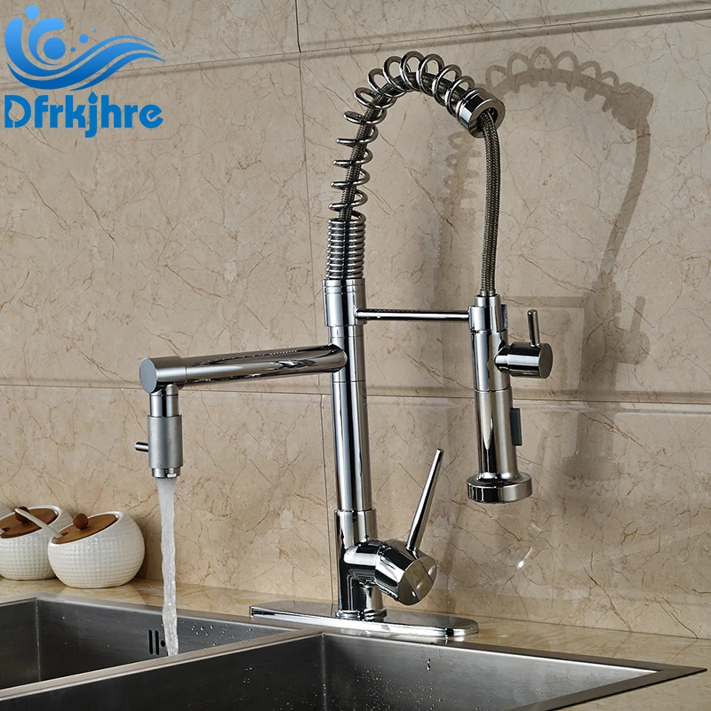 

Newly Design Chrome Finished Deck Mounted Swivel Spout Kitchen Sink Faucet With Cover Plate