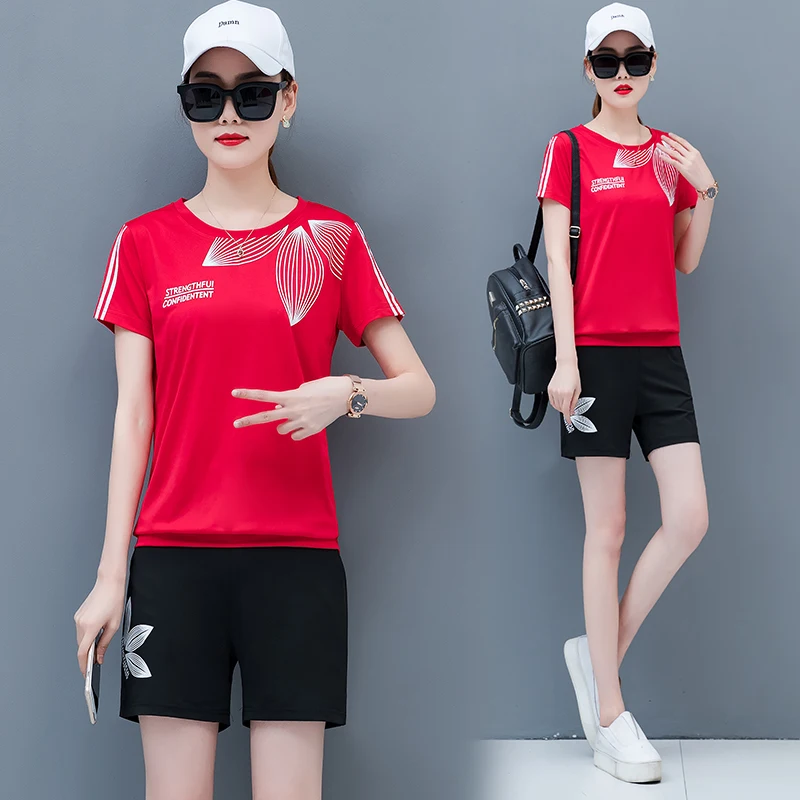 

Red Co-ord Set Woman 2019 Summer Two Piece Outfits Shorts Pants and Top Plus Size Big Tracksuits for Women Sportswear Clothing