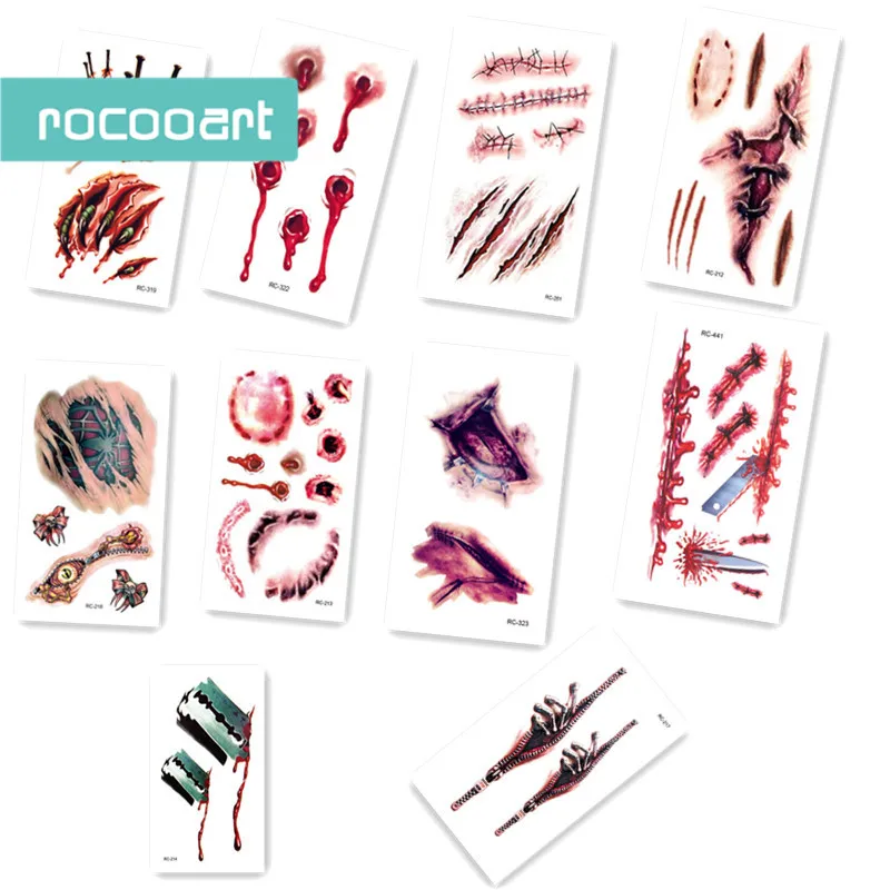 

10pcs Halloween Zombie Scar Tattoos Fake Scars Blood Costume Makeup Halloween Decoration Horror Wound Scary Blood Injury Sticker