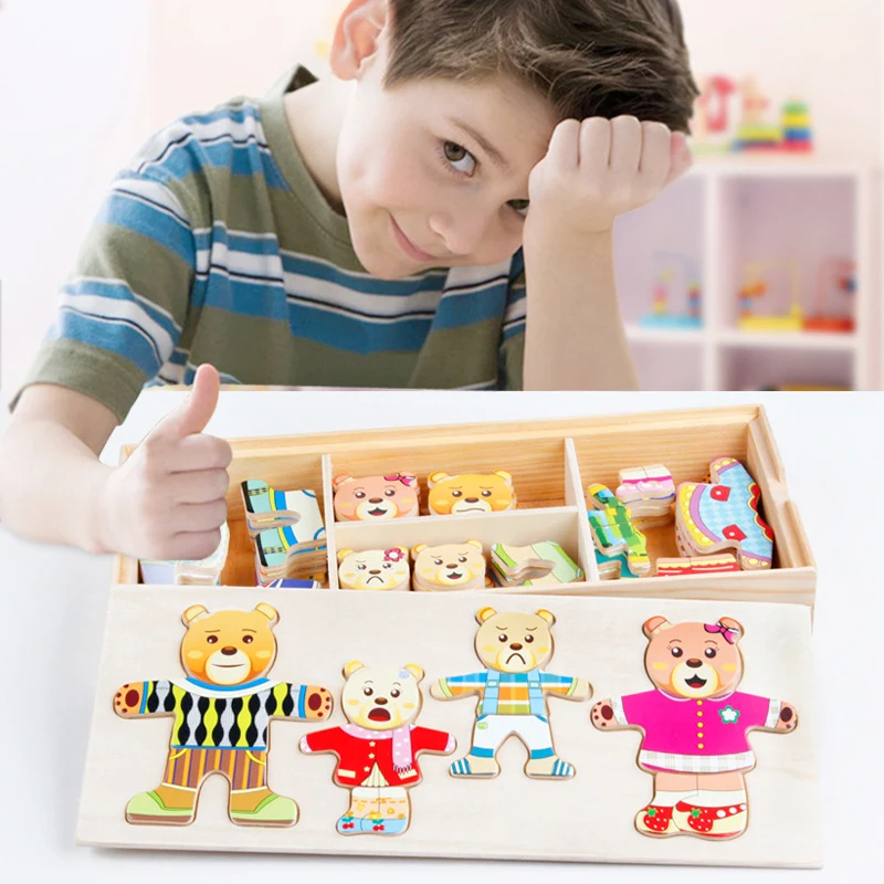 

3d Bear Family Jigsaw Puzzles for Kids Educational Wooden Toys for Children Education Learning Box Baby Dress Changing Games