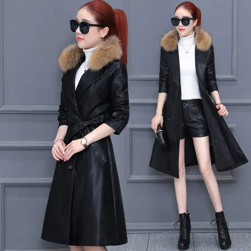 Veste Élégant Manteau Nouvelles Hiver Col Faux 2019 Pr420 Moyen Slim black Femmes De Cuir Pu Mode Fourrure Long Chaud Survêtement Brown T3FKl1Jc