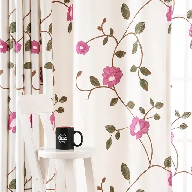 Slow Soul Green Pink Floral Pastoral Cotton Embroidered Curtain