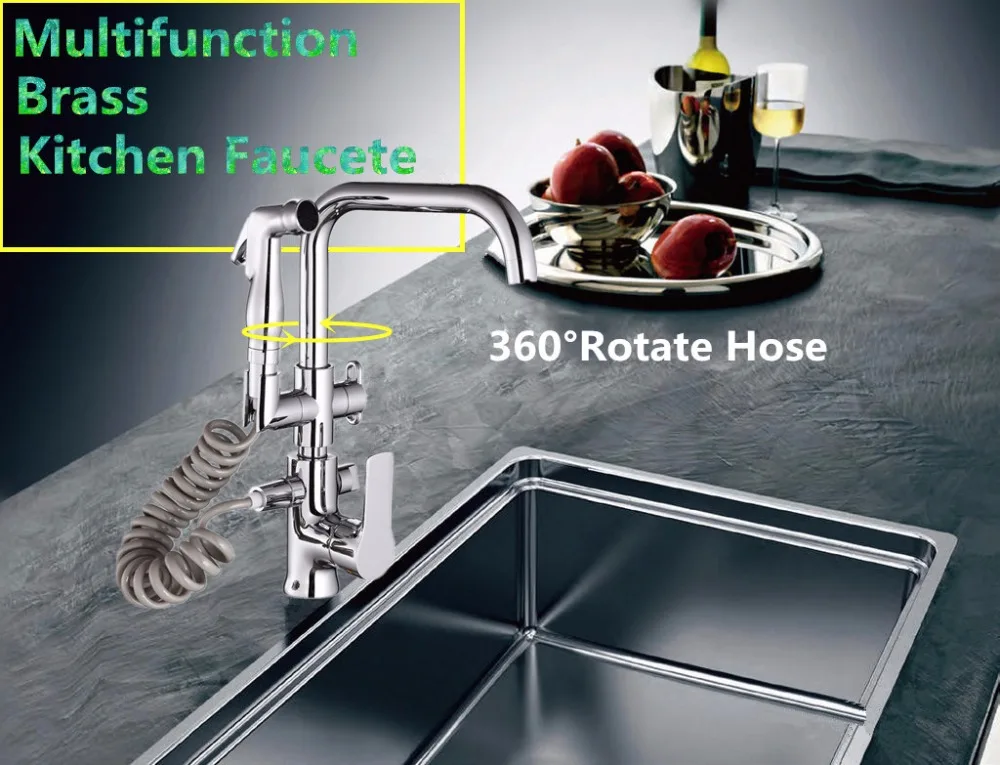 Pull out Side Sprayer Dual Spout Single Handle Mixer  Hot And Cold Deck Mounted  Kitchen Faucets Sink Faucet 360 Rotation Taps1