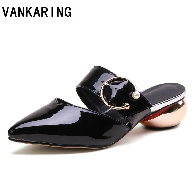 

VANKARING summer shoes strange style heel slipper women pointed toe middle heels fashion casual dress sandals woman black shoes