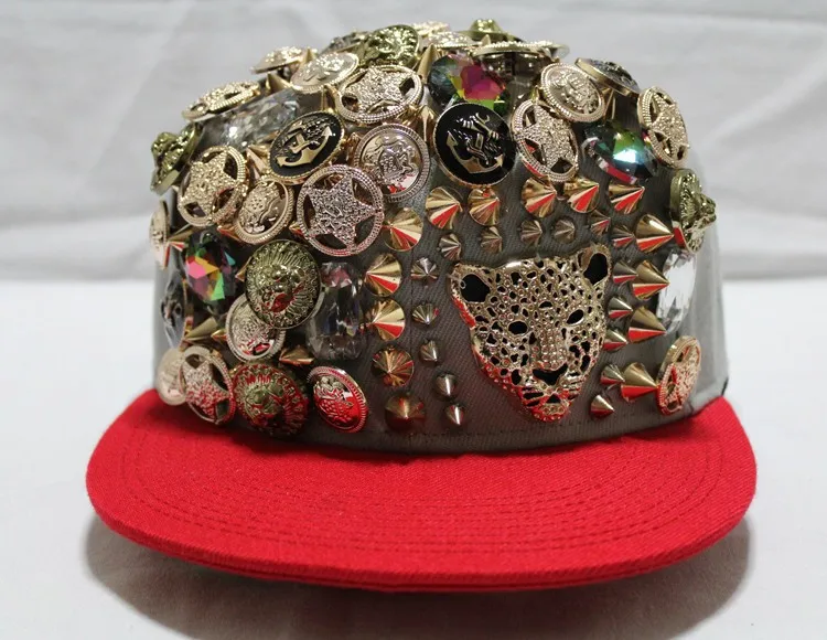 Акриловая бейсболка пантера хип-хоп шляпа плоская верхняя часть заклепки Золотой оснастки назад панк