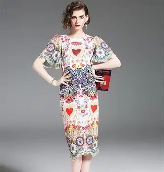 

Summer Dress Women Beads Pencil Bodycon Dress Party Heart Floral Print Runway Dress Ladies Zomerjurken 2019 Dames Retro Tunic