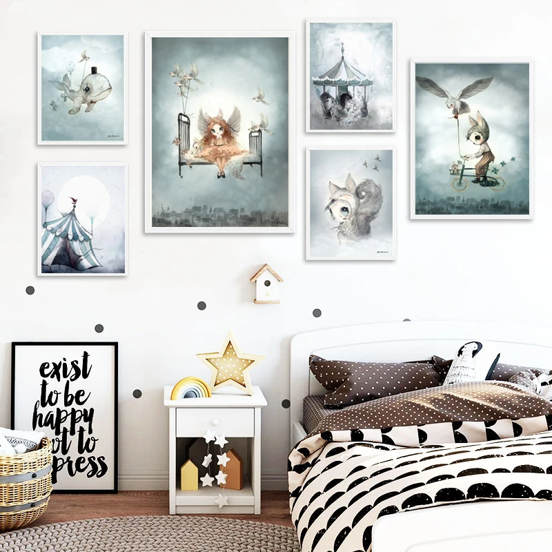 

Watercolor Bird Bicycle Rabbit Boy Cartoon Whale Angel Girls Canvas Decoration Painting Animal Art Poster Kids Baby Nursery Room