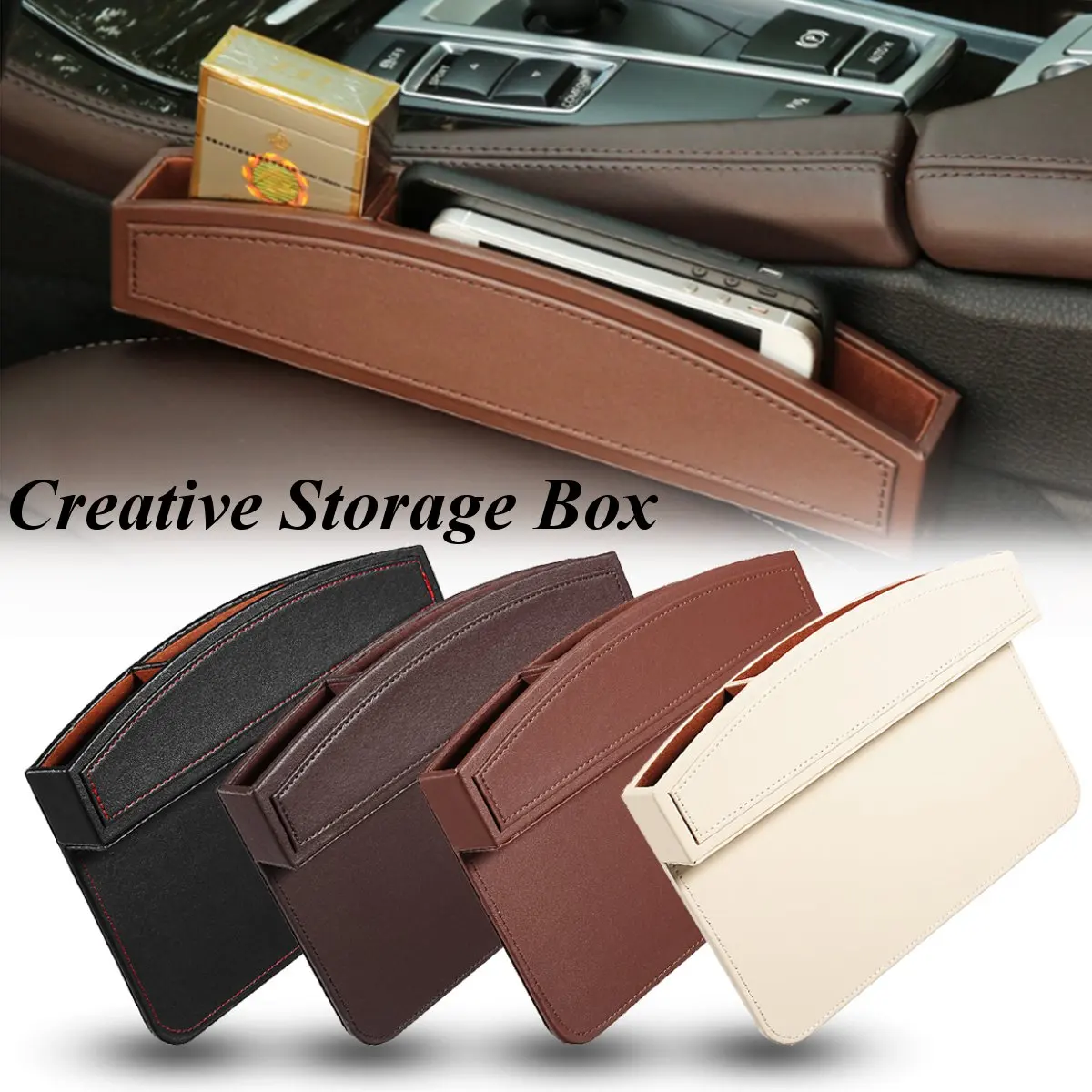 2 Pcs Beige PU Leather Car Truck Seat Gap Leak-proof Slit Storage Box Organizer